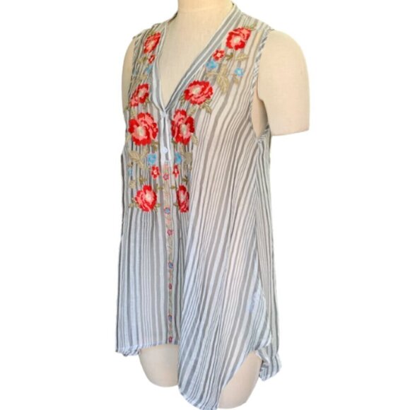 BOHO Striped Embroidered Flowers Sleeveless V-Neck Tunic Top Sz L #23E - Picture 4 of 7